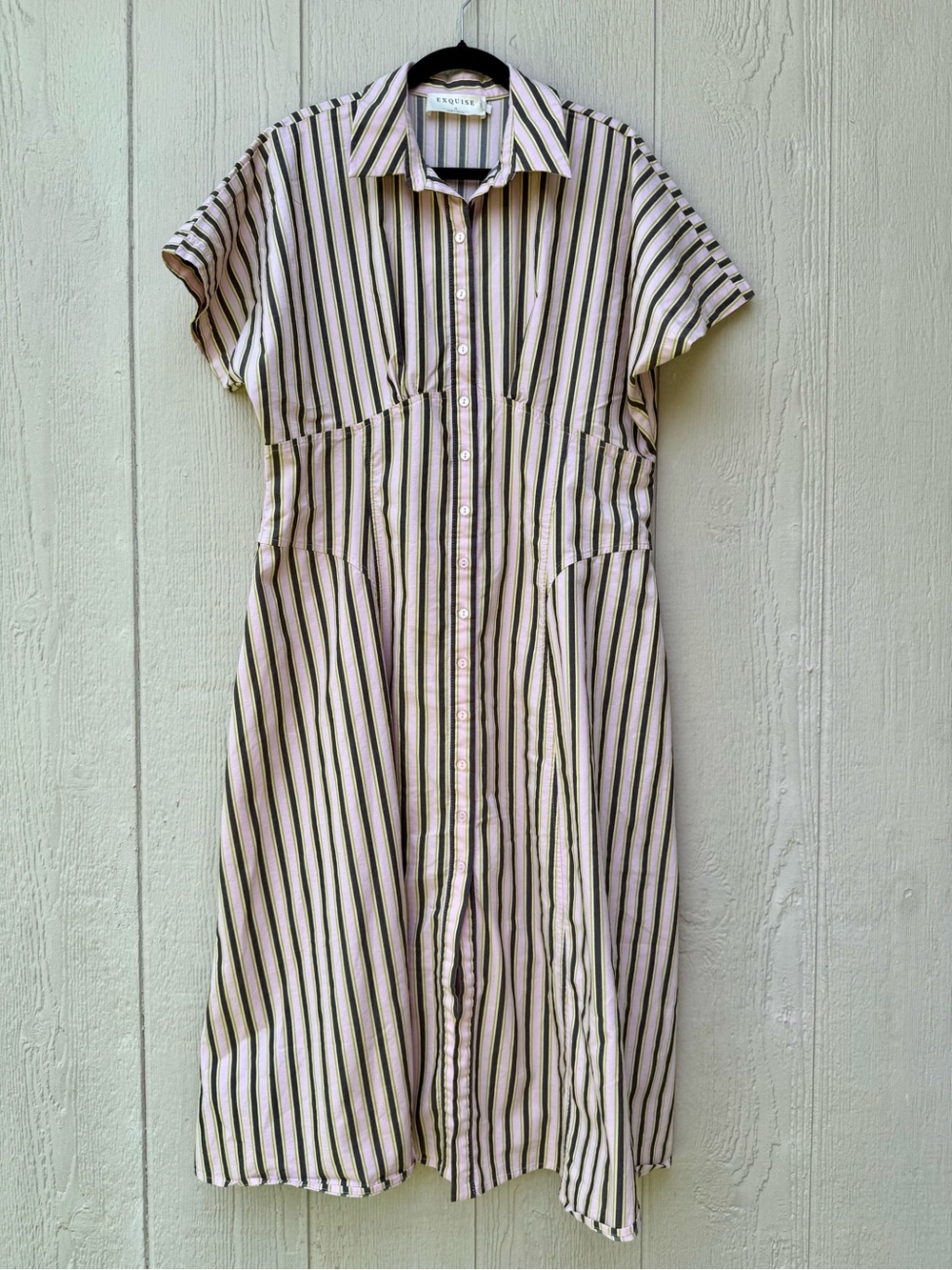 Anthropologie Cream Midi Shirt Dress with Green and Black Stripes - Picture 2 of 6